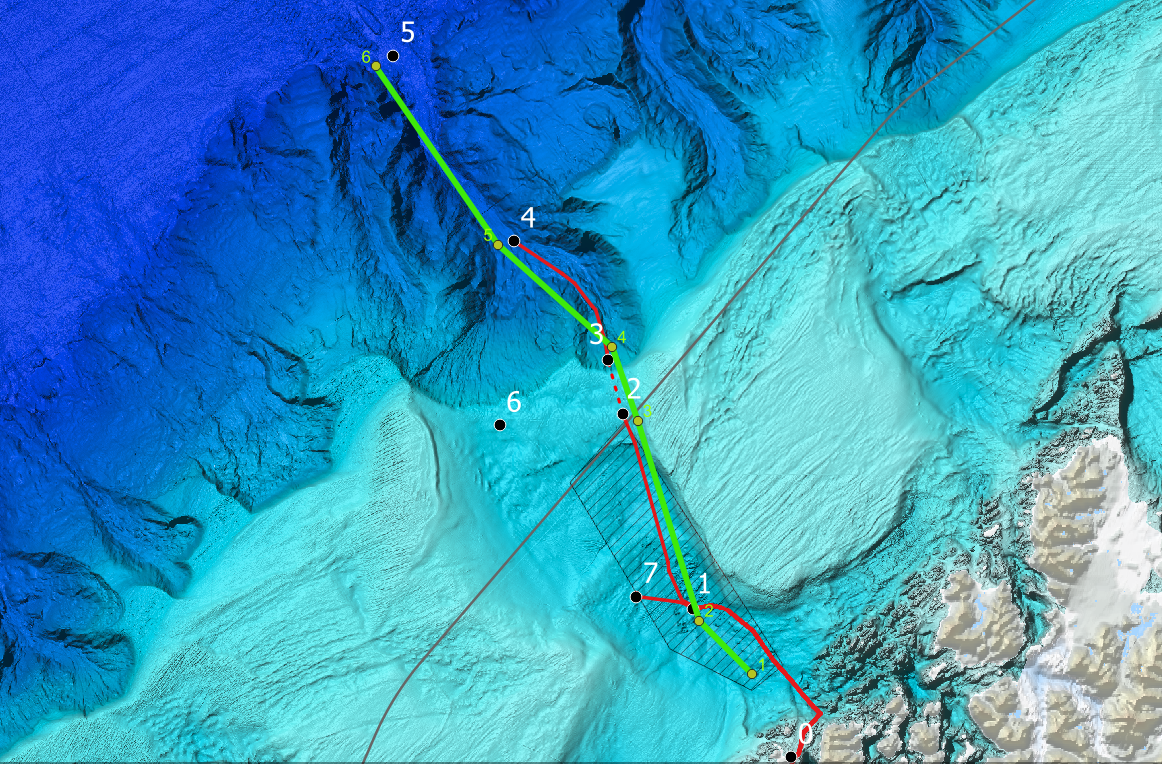 Figure 32. LoVe cable transect (red line) and acoustic/optic transect (green line).
