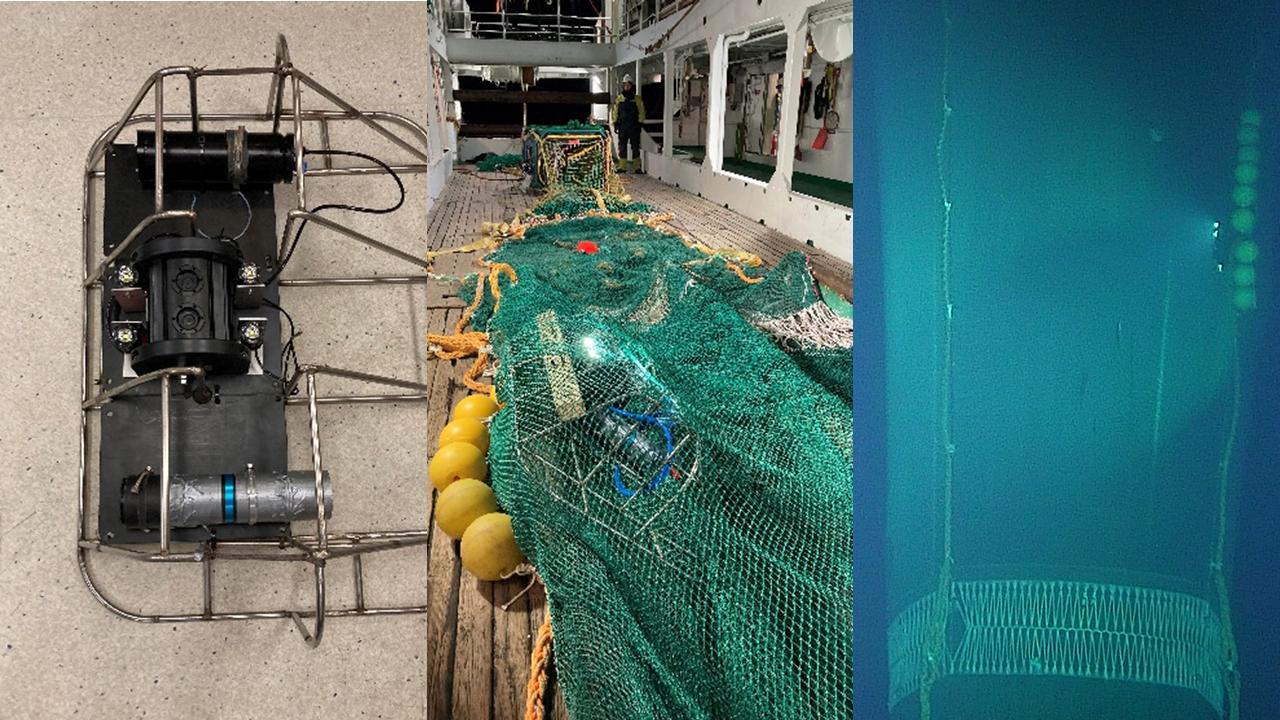 Figure 12. Fisheries Deep Vision system. Left: frame with camera and lighting system. Centre: mounting inside trawl (middle of last section of 40 mm mesh). Right: image from FOCUS towed vehicle during trawling.