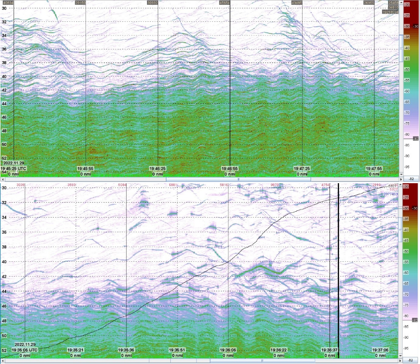 Figure 29. The ES200-7CD pole mounted echosounder data examples with “slow” (upper panel) and “fast” (lower panel) taper setting. Note the more prevalent “temporal sidelobes” before and after the individual fish detection in “fast” tapered pulse echo data.
