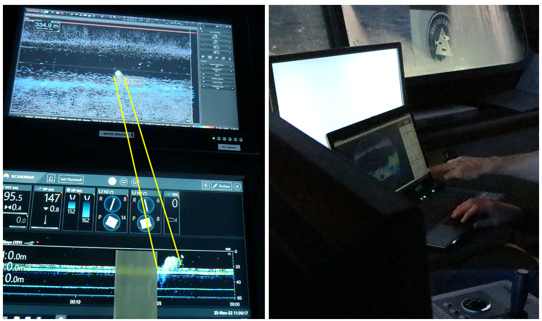 Figure 11. A herring school monitored with the EK80 echosounder under the vessel, with the scanning sonar on the FOCUS underwater vehicle place between the trawl doors and by the scanmar tral eye attached to the headline of the trawl.