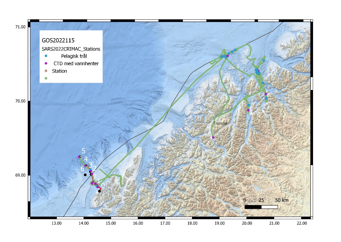 Figure 1. Cruise track and stations (CTD, TS probe, demersal and pelagic trawls).
