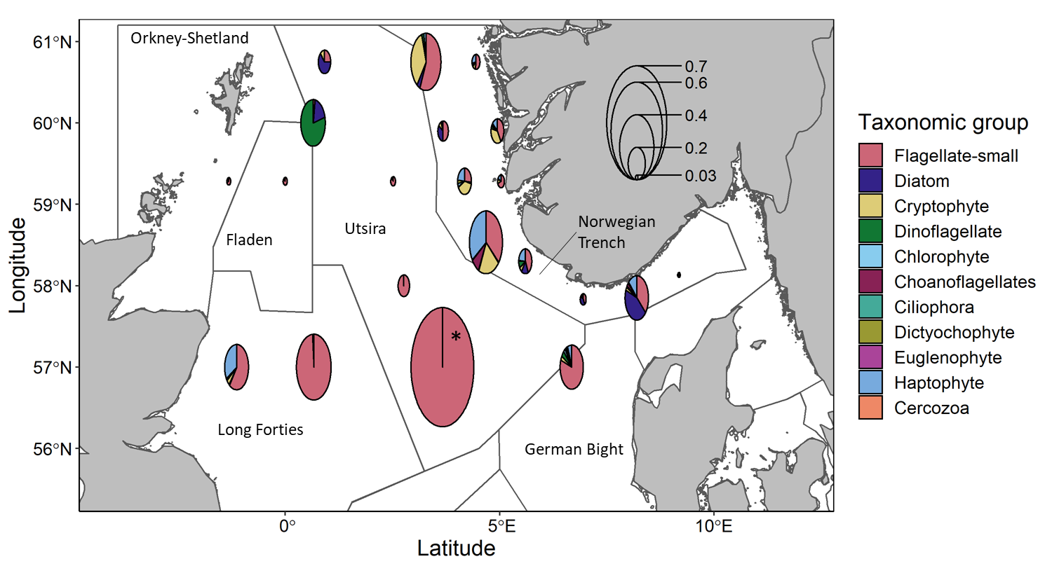Map showing plankton community composition and abundance at all sampled stations. Pie chart radii scale to average cell concentrations in 2×106 cells ml-1 except for * station scaled to 4×106 cells ml-1 to allow all stations to be visualized together. Divisions within pie charts show the contributions from broad taxonomic groups. 