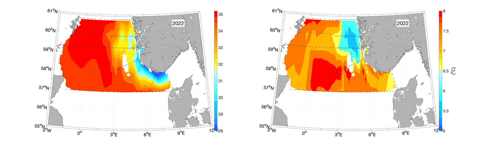 Salinity (left panel) and temperature (right panel, in oC) at 10m depth based on the hydrographic stations (marked with black dots) taken between 14/4 and 26/4/2022