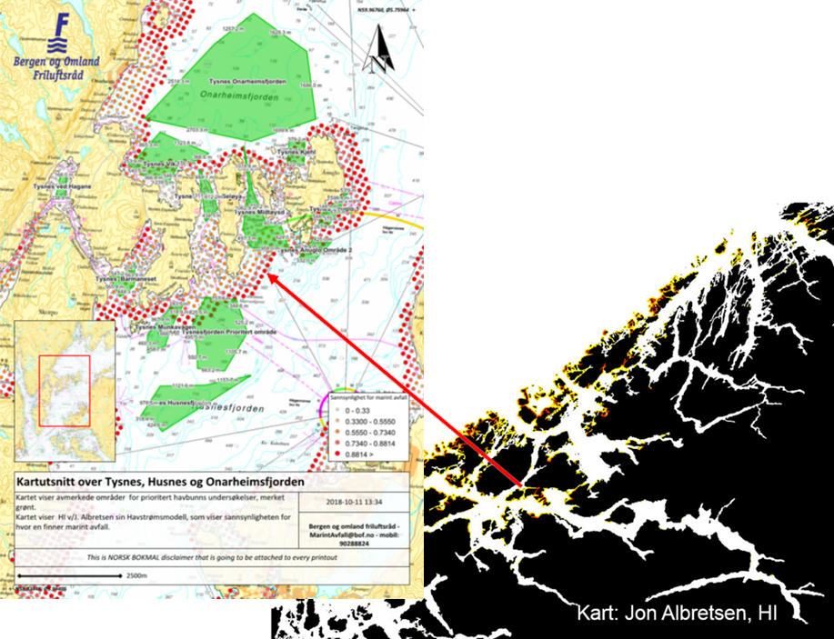 Figur 1. Røde punkter er områder med stor sannsynlighet for stranding av søppel, basert på kjøring av Havstrømsmodellen (J. Albretsen Havforskningsinstituttet).