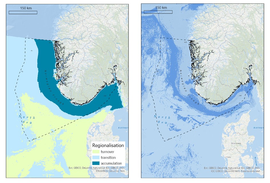 Kart som viser at Norskerenna er et område der fiskeriaktiviteter overlapper med sonen hvor organisk karbon akkumulerer. 
