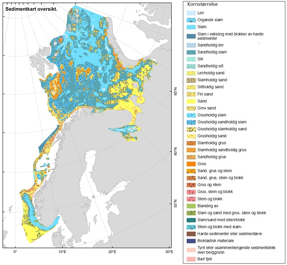 Sedimentkart som viser utbredelsen av ulike sedimenttyper i norske havområder. Områder med høy fiskeriaktivitet domineres av sand- og grusholdige sedimenter.