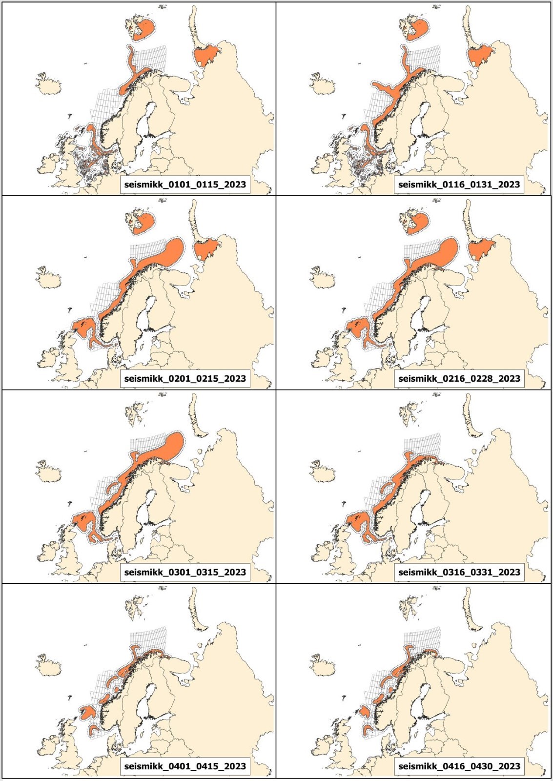 Rådgivningskart for seismikk for 1. januar til 30. april 