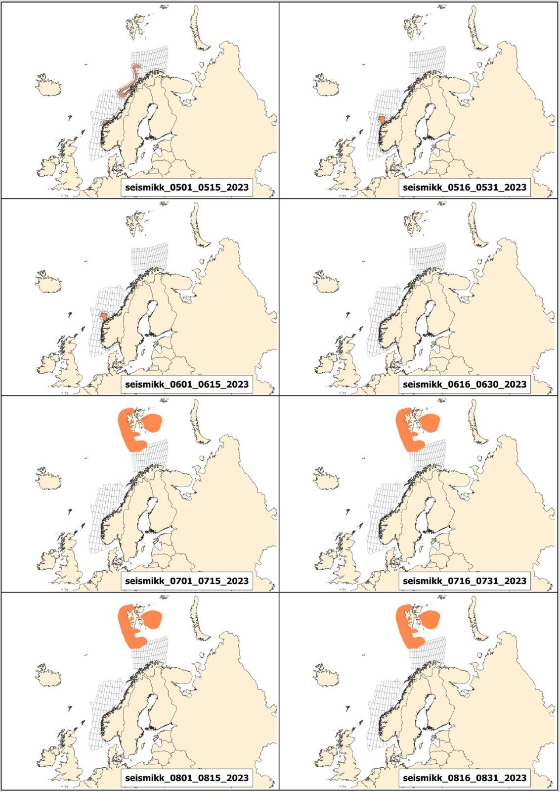 Rådgivningskart for seismikk fra 1. mai til 31. august 2023 