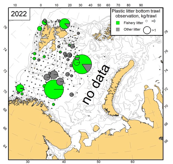 Figure 4.2.1.5 Fishery plastic proportion among the plastic litter collected in the pelagic (the upper figure) and bottom trawls (the lower figure) in the BESS 2022 (crosses – trawl stations).