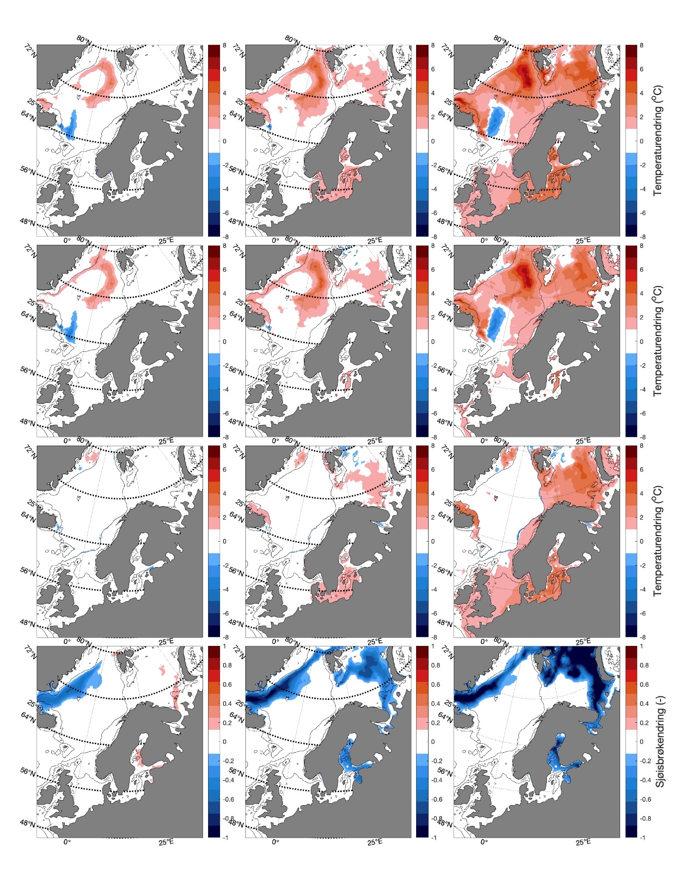 Figur 2.2.4.1 Romlig fordeling av endringer i temperatur (°C) på overflaten, 100 m og bunn, samt iskonsentrasjon i mars for SSP1-2.6, SSP2-4.5, og SSP5-8.5 (venstre-høyre) i perioden 2015–2100. Projeksjonene er nedskalert fra modellen NorESM2 ved å bruke modellen NEMO NAA10km. Kilde: Sandø m.fl. (2022).