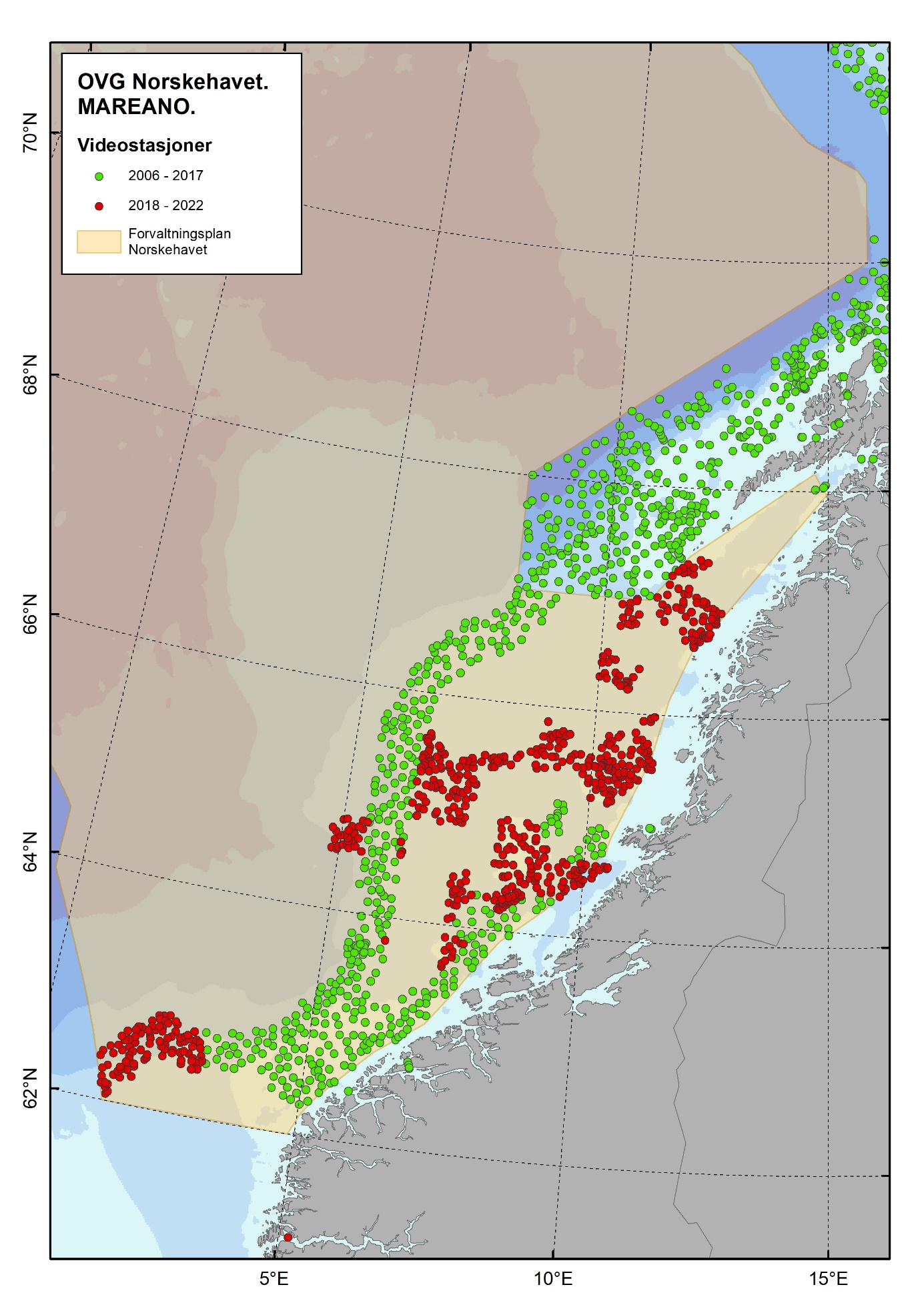 Figur 4.2.7.1 Kart over lokaliteter i Norskehavet som Mareano-prosjektet har undersøkt for bunnlevende organismer. Kilde: Mareano