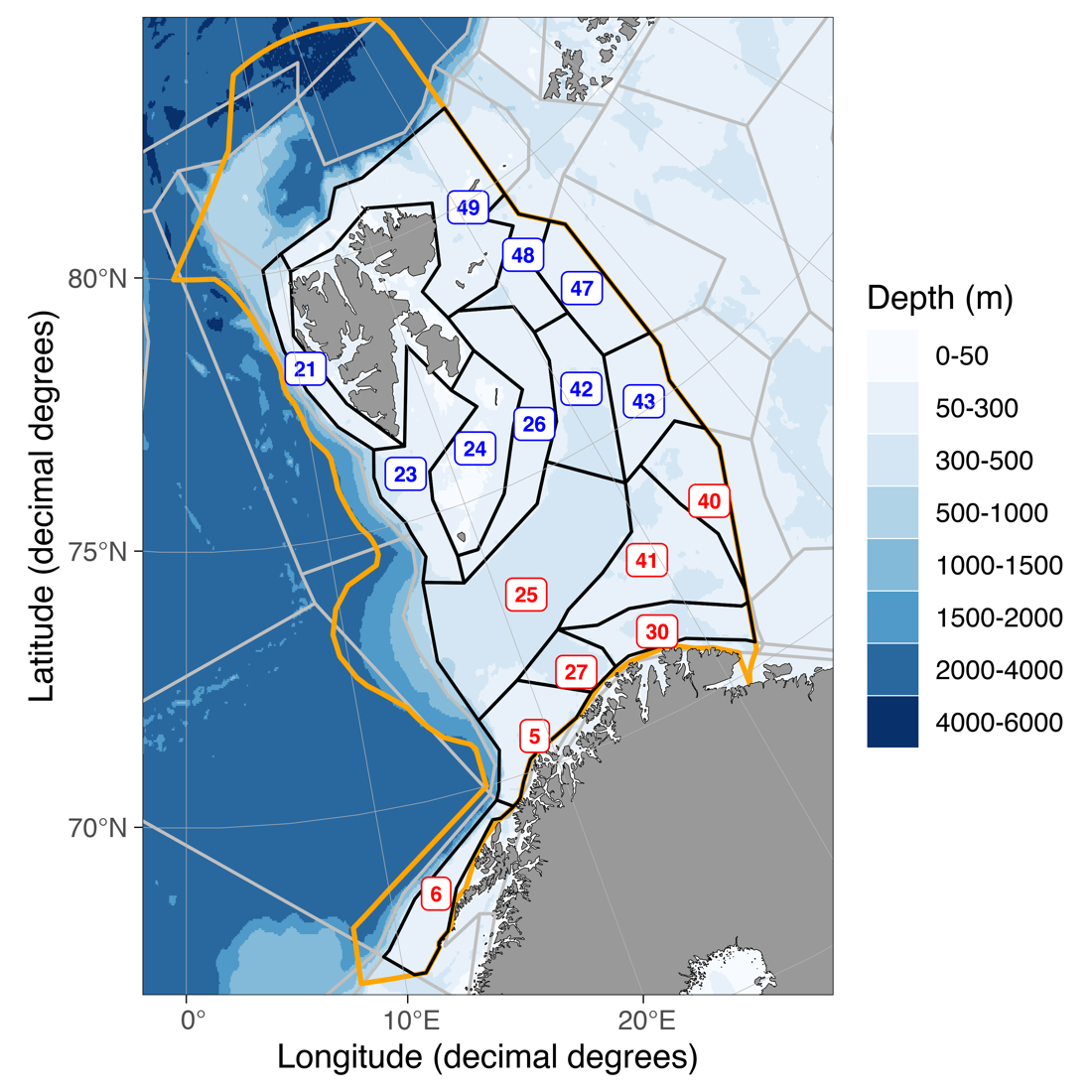 Figure 3.1: Map of the spatial extent of the panel-based assessment of ecosystem condition of the Arctic and Sub-Arctic Barents Sea. Black lines delimit the Atlantis polygons (Hansen et al., 2016). The Arctic part is defined by the blue polygons. The Sub-Arctic part is defined by the red polygons.