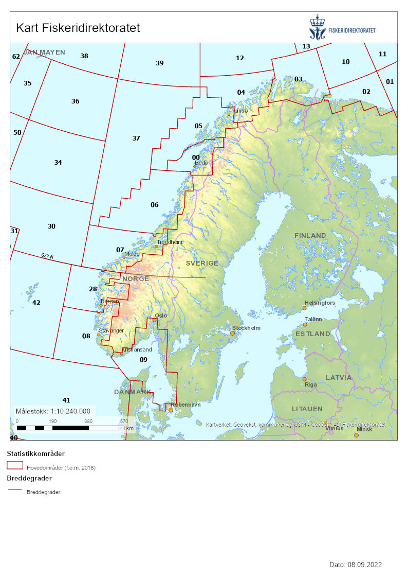 Figuren er et kart over Norge med havområder der Fiskeridirektoratets statistiske områder er tegnet inn