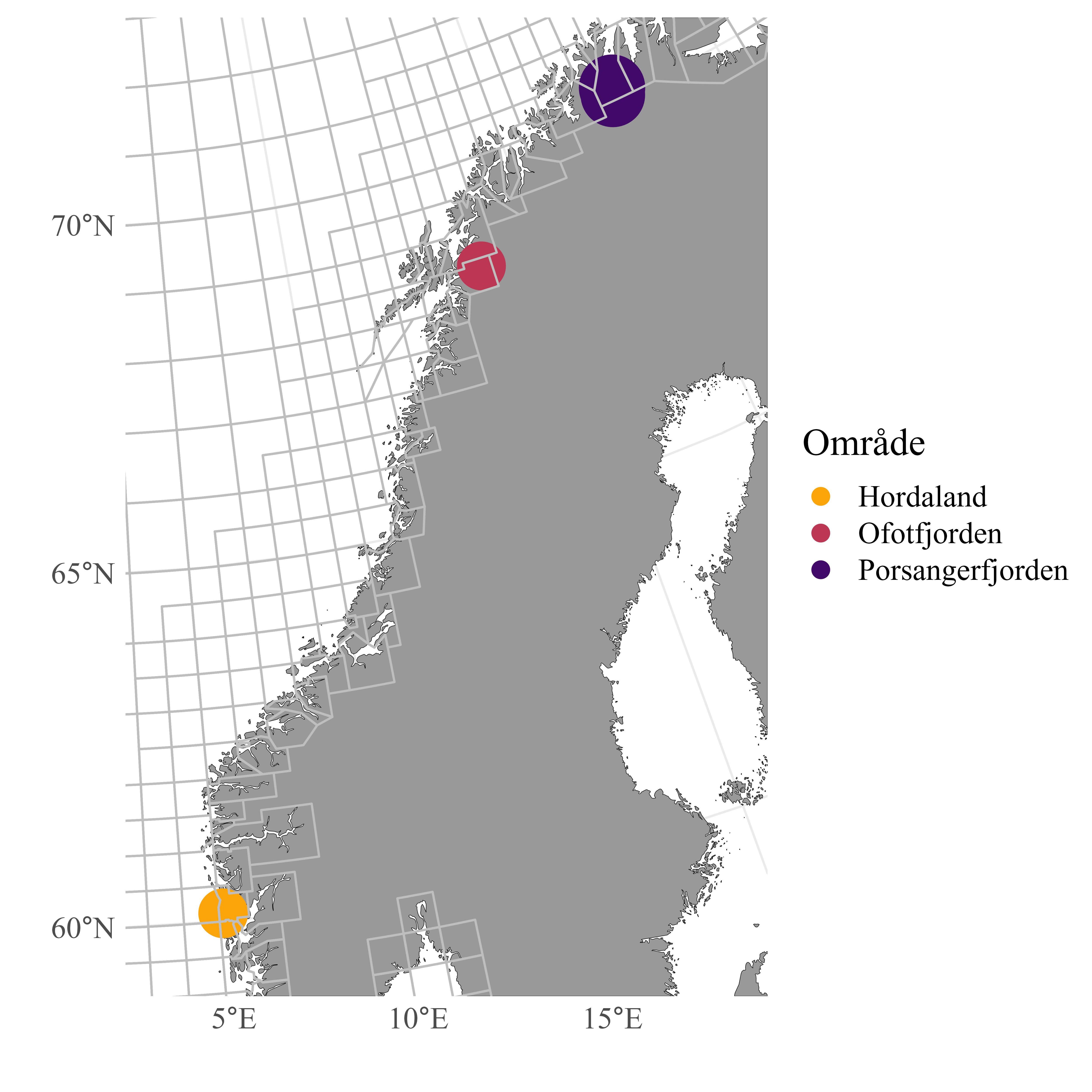 Kartet viser hvor de tre teinefiskerne som sendte fangstdata til HI, holder til. 