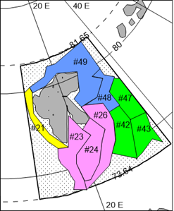Figure A.28.4 Left map: The numbering of the four diagrams (boxes) connects to the following colors in the map: 1: pink; 2: green; 3: blue; 4 yellow, see map to the left. Right map: An example of the calculation of the domain for Box #1 is shown here. This was done in the same way for the other boxes.