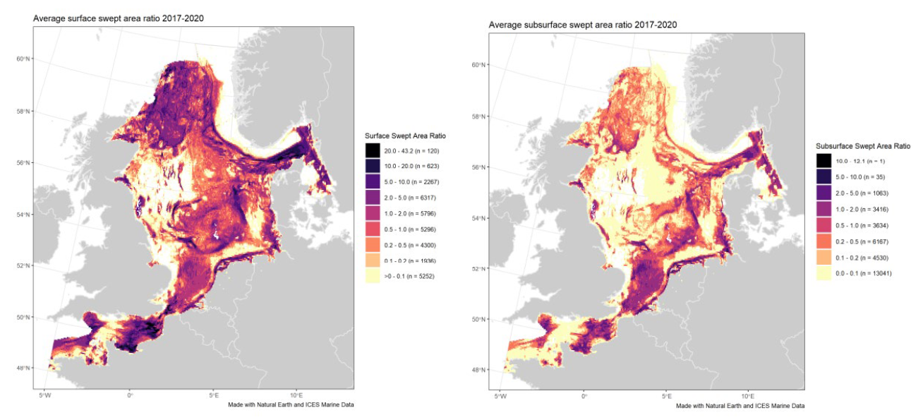 Figure 7.3.5 Average annual subsurface (left) and surface (right) disturbance by mobile bottom contacting fishing gear (Bottom otter trawls, Bottom seines, Dredges, Beam trawls) in the Greater North Sea during 2017-2020 (with available data), expressed as average swept area ratios (SAR). Source ICES (2021b).