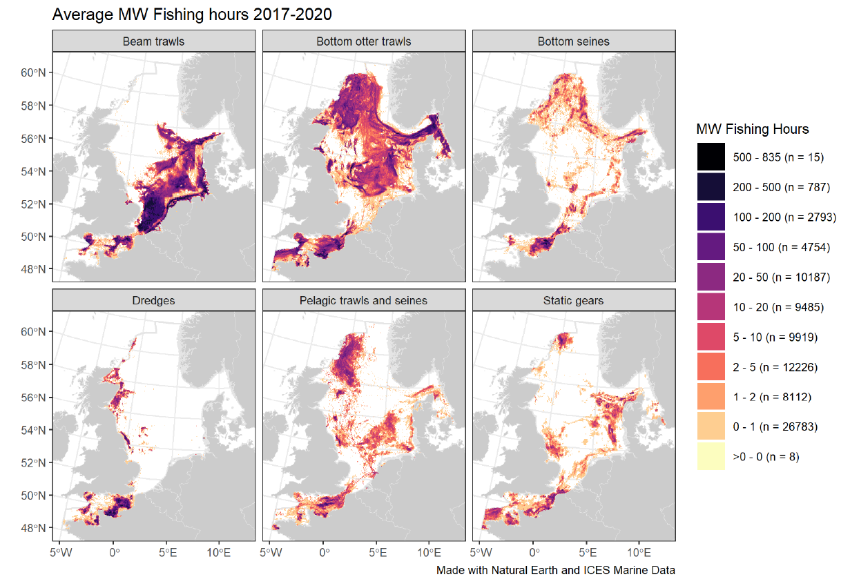 Figure 33. Spatial distribution of average annual fishing effort (MW fishing hours) in the Greater North Sea, by gear type. Fishing effort data are only shown for vessels >12 m with vessel monitoring systems (VMS). Source  ICES (2021b)  .