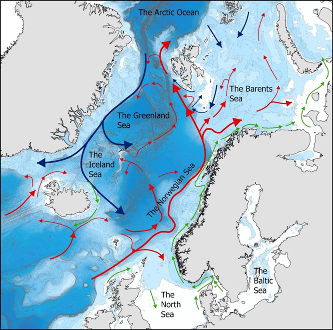 Kart over de nordiske havområdene: Østersjøen, Nordsjøen, Norskehaveet og Barentshavet. Dyp og havstrømmer vises.