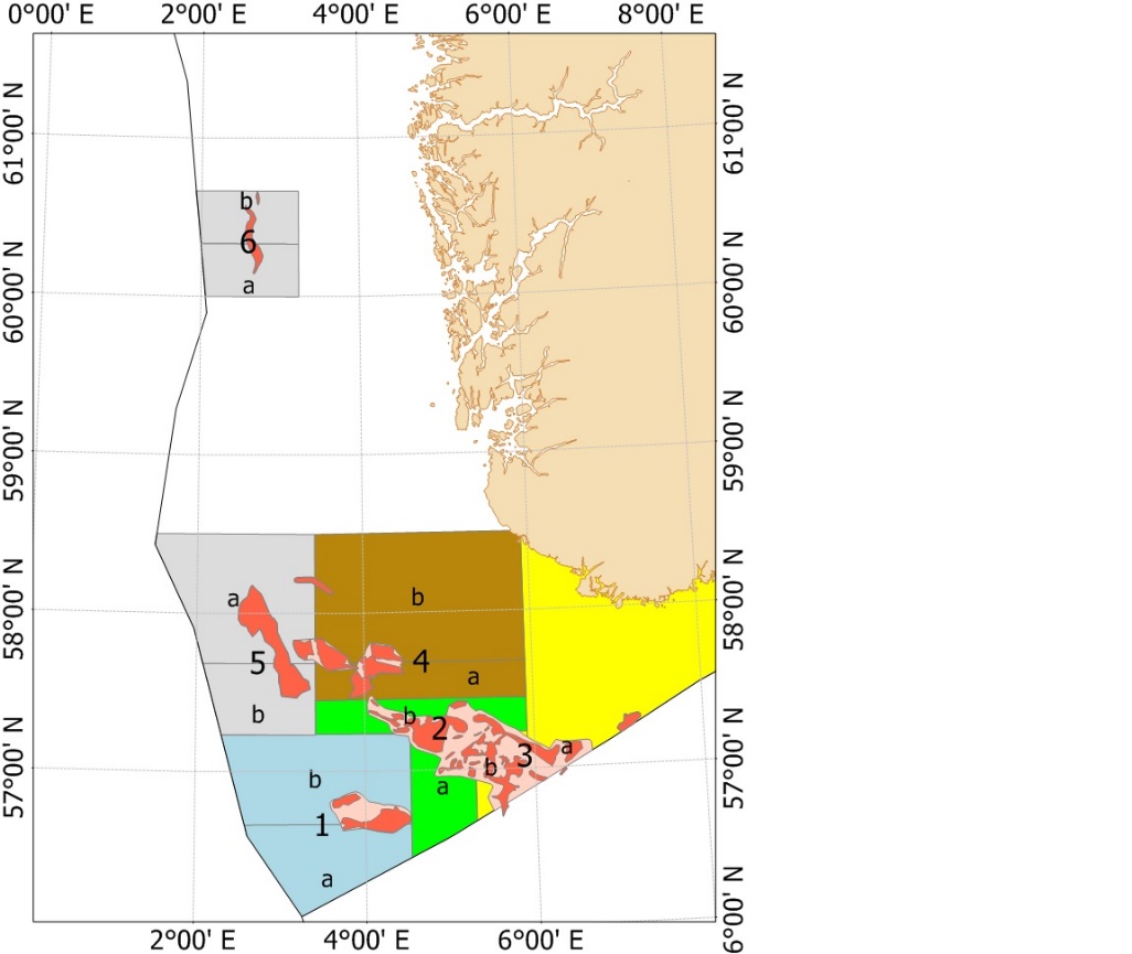 Map of the six Norwegian management areas in the North Sea for the period 2011-2013. Historically important fishing grounds are depicted in pink, and sandeel grounds in light pink.