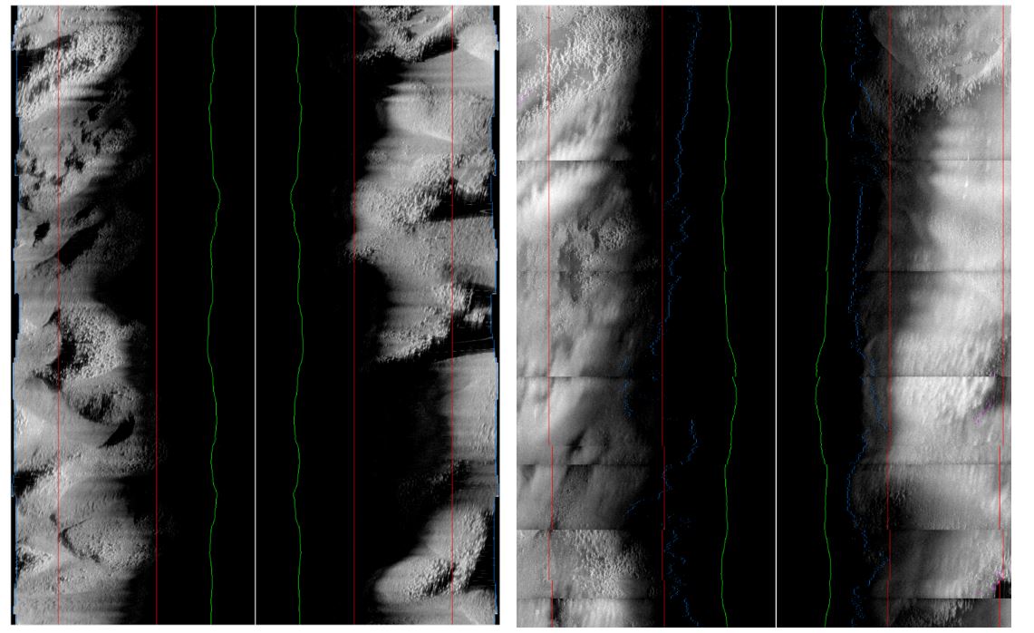 Two blakc and white images are shown side by side: the side scan sonar is on the left with some stripingbyt clear features, the hisas is on the right with less clear features and more disruption from striping