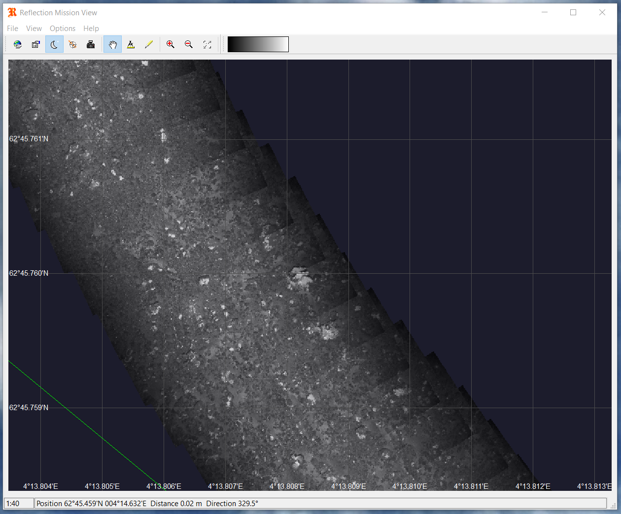 Screenshot from the reflection software showing a black and white photomosaic which has some stiping from lighting differences and minor echoing artifacts, but it is clear that there are corals and sponges visble along the transect