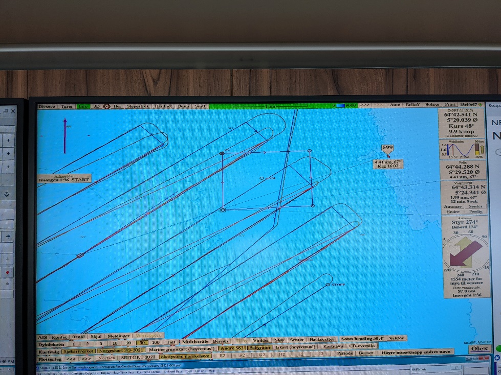 Photo of the Olex screen showing the SBP lines and the square around AUV34
