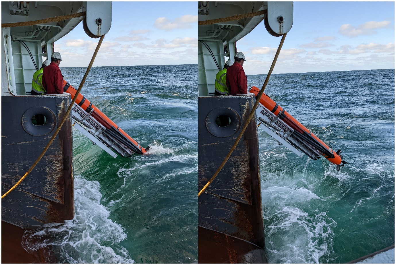 Two photos side by side showing the launch of the AUV into large swell with the bottom of the stinger covered in one image and not in the other