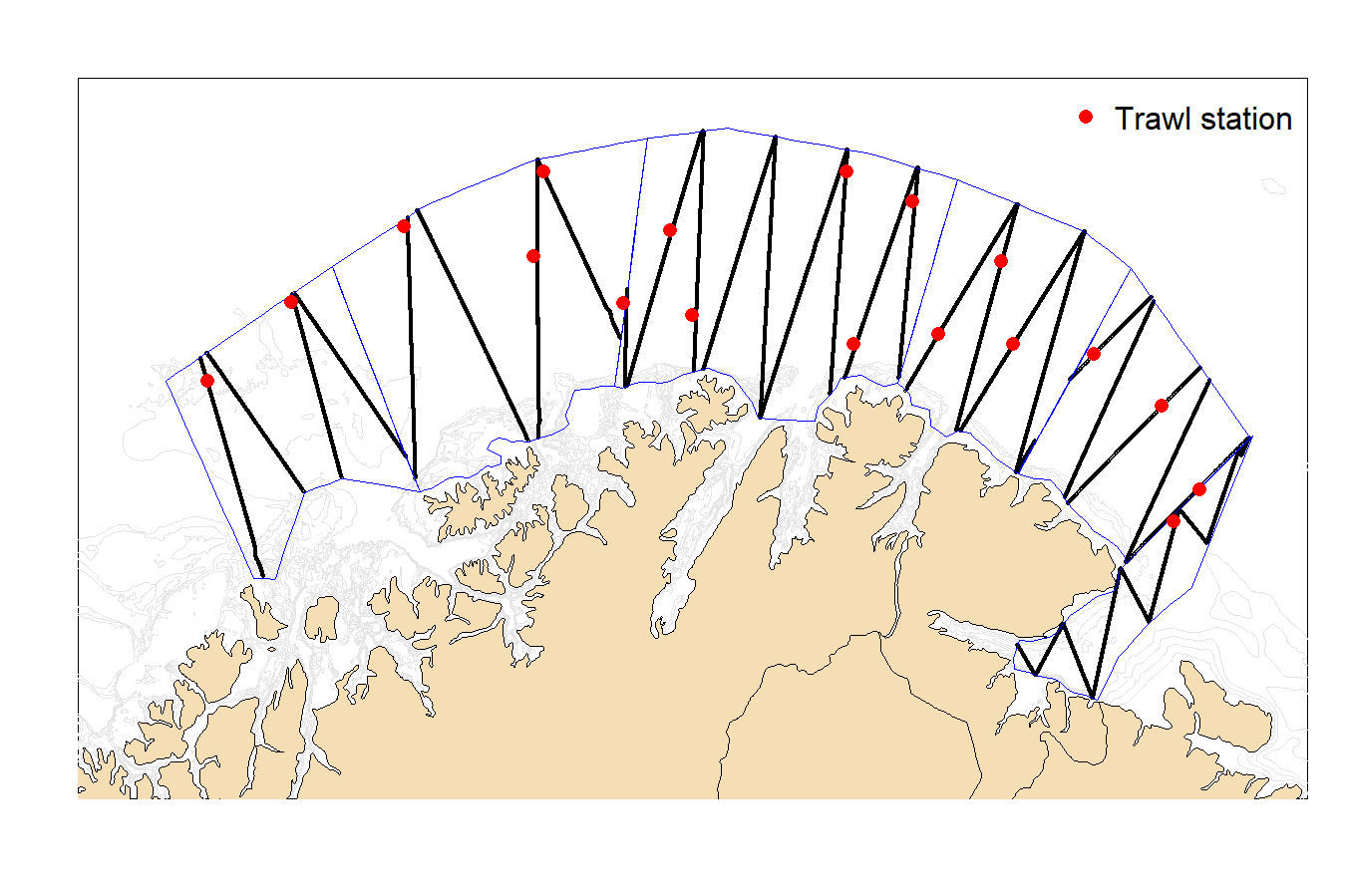 Figure 1. Survey coverage for Vendla with 6 strata, zig-zag transects and coverage in each stratum reflecting the expectancy of finding capelin. Trawl stations are marked as red dots.