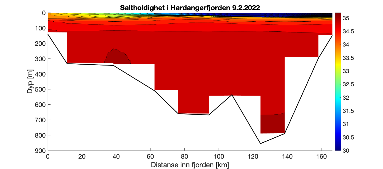 Figuren viser et histogram som illustrer variasjonen i saltholdighet (‰) i vannsøylen (0-800 meter) innover i Hardangerfjorden (0-160 km inn i fjorden). Fargeskalaen representerer salinitet fra 35 ‰ (rødt) til 30 ‰ (fiolett). Det er størst variasjon i de øvre 30-40 m med laveste verdier innerst i fjorden og gradvis mer saltholdig utover i fjorden. Gjennom vannsøylen dypere enn 45 m er det > 34 ‰.