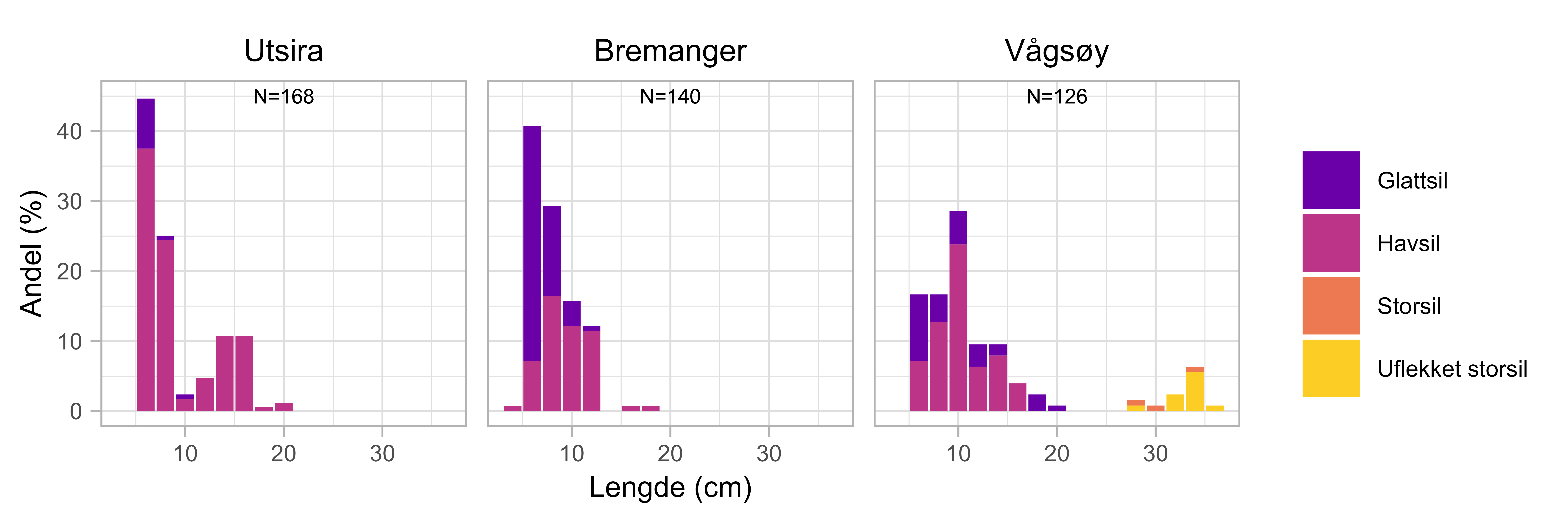 Figuren viser tre stolpediagram med lengdefordelinger av sil-arter i prosent, per tobisfelt. Et diagram for hver av tobisfeltene (totalprøvemengde N er oppgitt). Utsira (N=168), Bremanger (N=140) og Vågsøy (N=126). X-aksene viser lengde (0-40 cm) og y-aksene viser andel (0-40 %). Stolpene har farger som representerer glattsil (lilla), havsil (rosa), storsil (oransje) og uflekket storsil (gul).