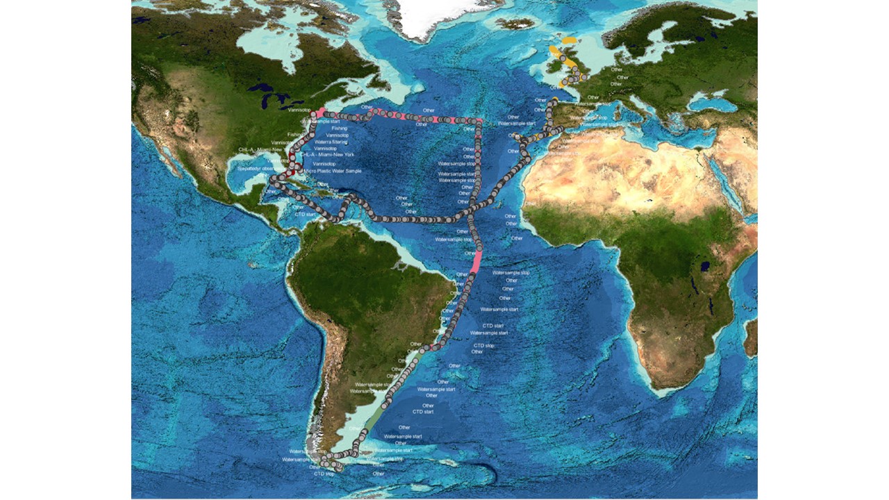 A map of the atlantic ocean that shows the boats route indicated in tight-packed dots.