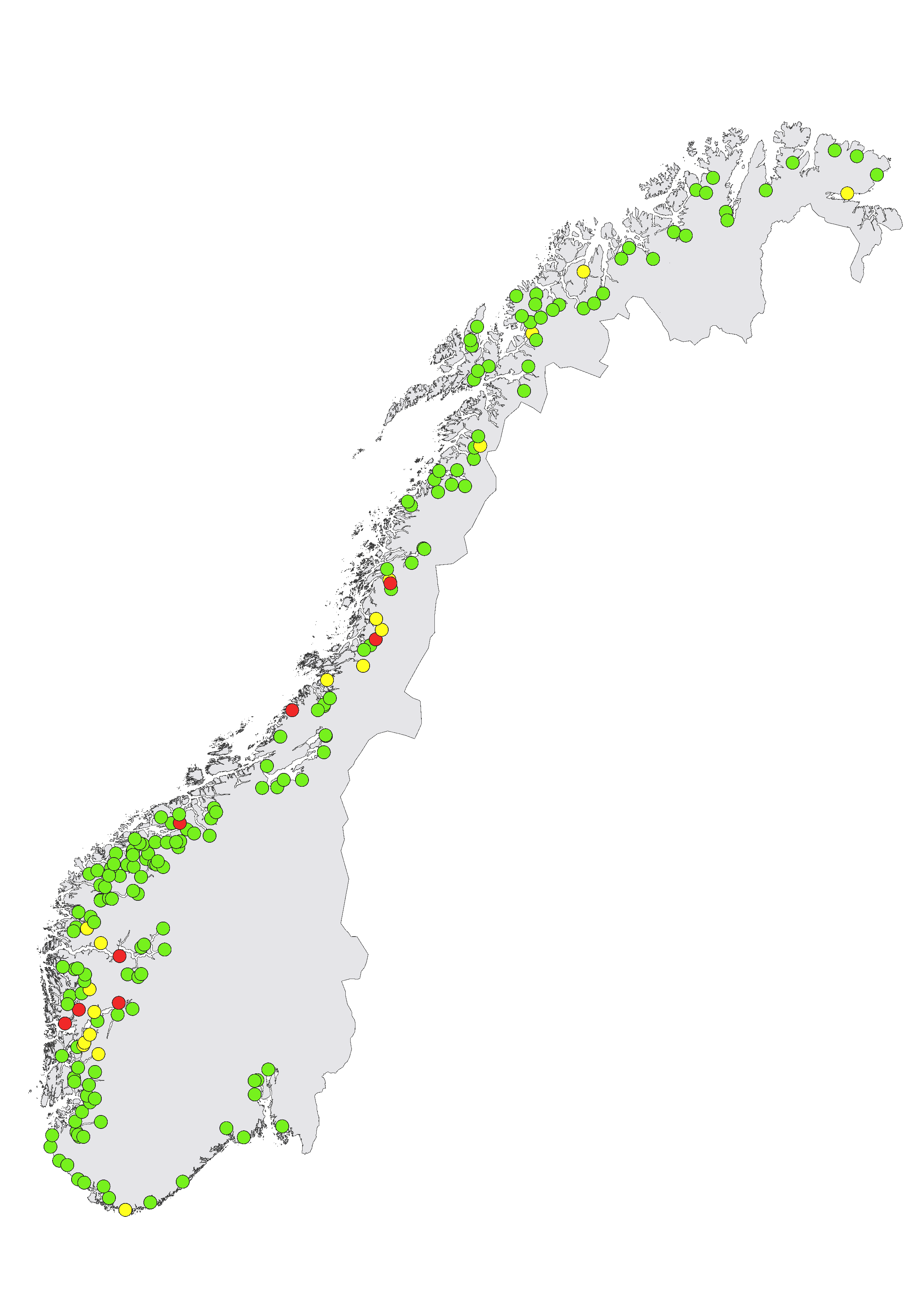 Kartet viser lokalisering av elvene der innslaget av rømt oppdrettslaks er vurdert til å være lavt (< 4 %, grønne sirkler), middels (4 – 10 %, gule sirkler), eller høyt (>10 %, røde sirkler).