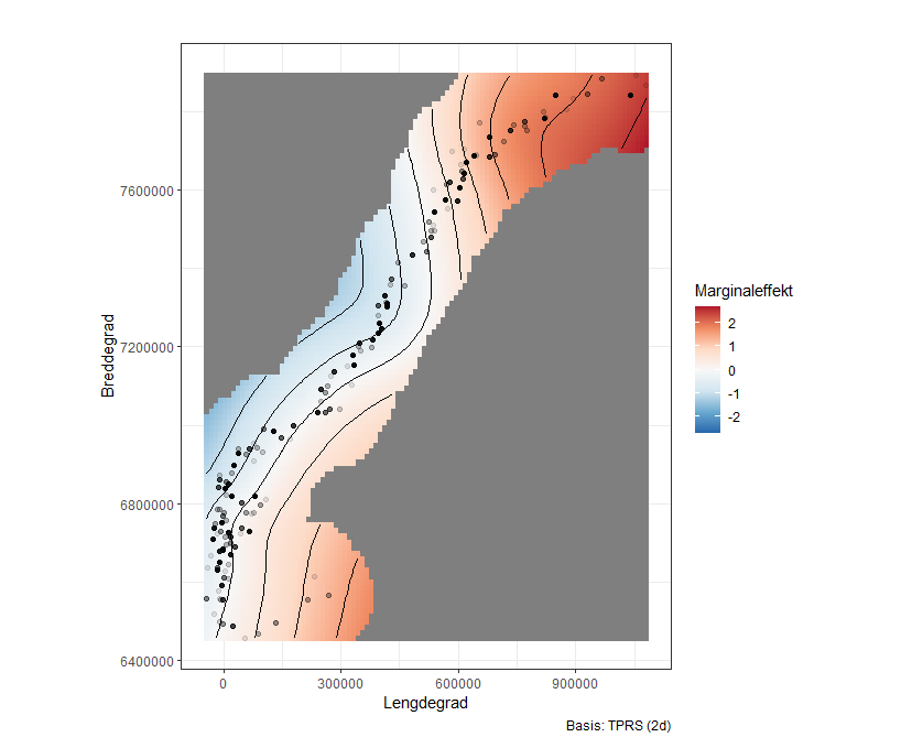 Geografisk variasjon i andel gytemodne kontra umodne oppdrettslaks rapportert til overvåkingsprogrammet i perioden 2014-2022. Punktene angir plassering av vassdrag hvor det foreligger data for observasjon av rømt oppdrettslaks, mens fargekoden angir områder hvor andelen gytefisk er høyere (rødt), eller lavere (blått) enn gjennomsnittet. Plottet er basert på marginaleffekter fra binomial GAMM modell med statistikkpakken gamm4 i R, og som tar høyde for variasjon mellom år og vassdrag med følgende modell: gamm4(modning~s(lengdegrad, breddegrad), random = ~(1|år)+(1|elv).