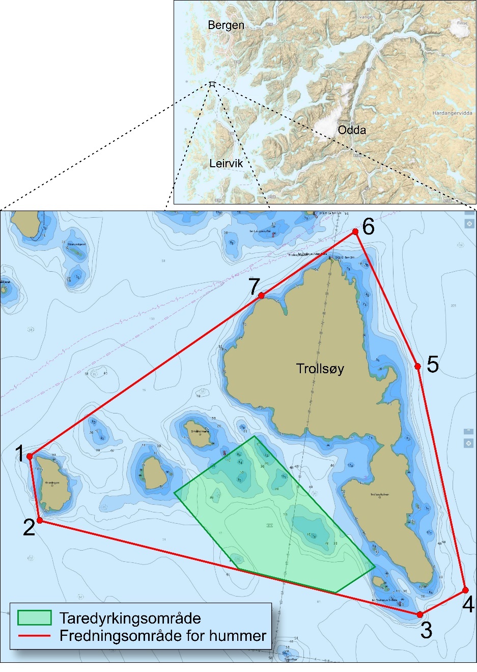 Figur 4. Kart over fredningsområdet for hummer og taredyrkingsområde ved Trollsøy i Austevoll. Tall angir koordinater der fredningsområdet er avgrenset ved rette linjer i sjø.