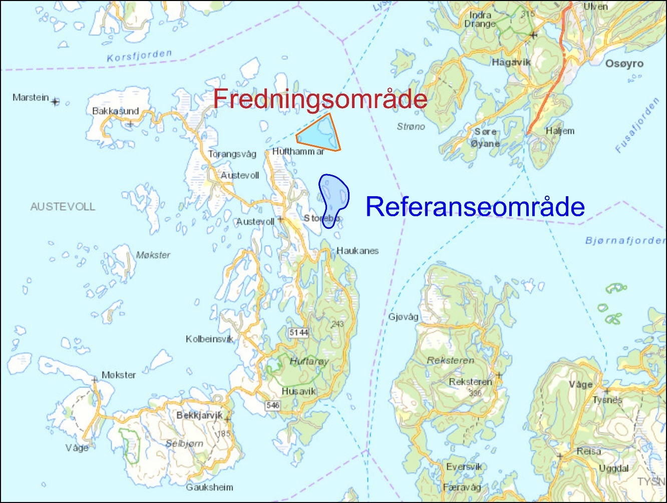 Figur 5. Kart som viser fredningsområdet og referanseområdet for overvåkningsfisket.