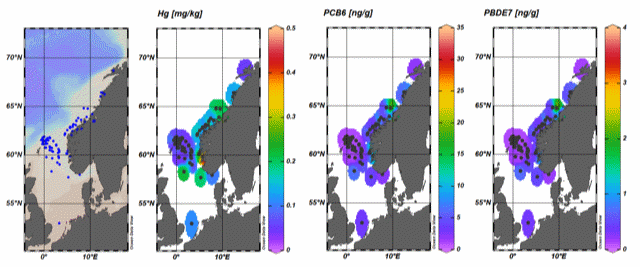 Figure 2.  Sampling location and spatial distribution of mercury (Hg - mg/kg wet wt.) PCB6 (ng/g wet wt.), and PBDE7 (ng/g wet wt.) in European Hake (Merluccius merluccius) fillets sampled from the Northeast Atlantic Ocean in 2019-2022.  