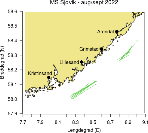Halposisjoner for toktet med MS Sjøvik 22.08-05.09.2022.