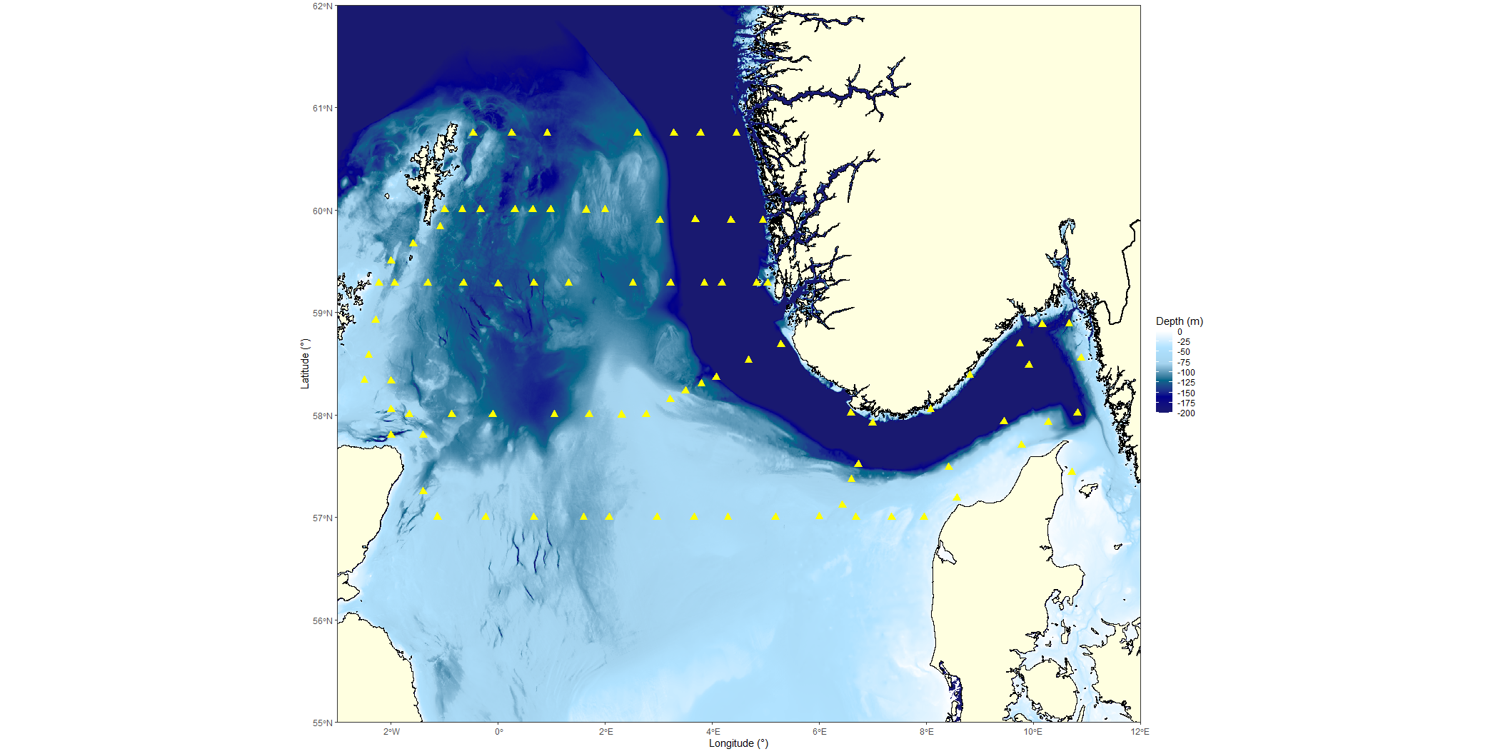 Figure 4: Executed GULF VII tows during the 2023 North Sea Ecosystem Survey. A total of 89 tows were conducted across the survey area. The underlying map shows the bathygraphy of the northern North Sea, with depths deeper than 200 m depicted in the same color.