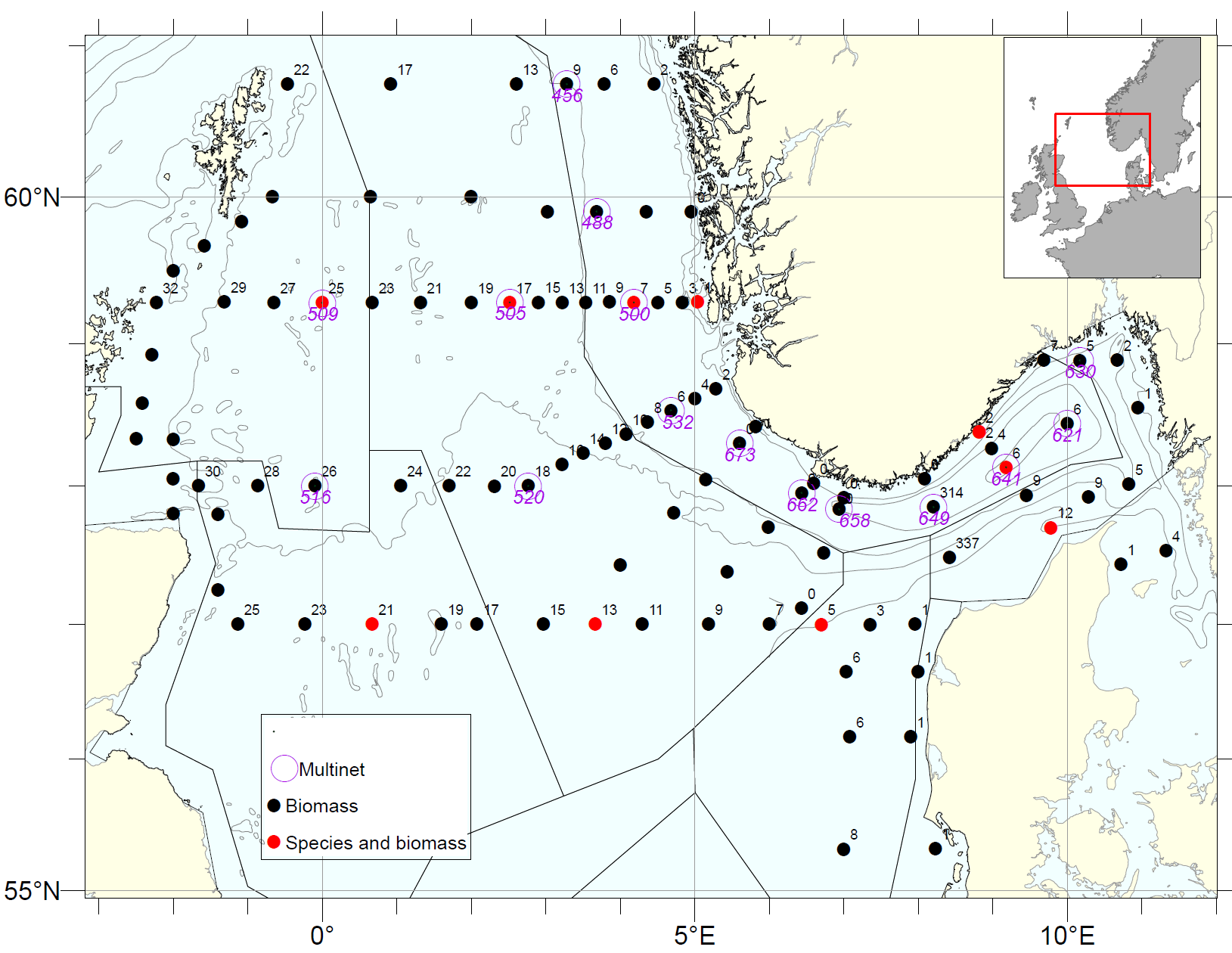 Figure 16. Zooplankton stations on the North Sea Ecosystem cruise 2023. Species compositions were analyzed at selected stations on the transects Utsira-StartPoint, Hanstholm-Aberdeen and Torungen-Hirtshals (indicated with red point