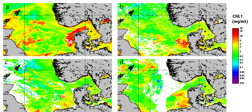 Figure 9. 8 days mean surface chlorophyll-a concentrations over the survey period. a) 15-22.04; b) 23-30.04; c) 01-08.05; d) 09- 16.05. MODIS satellite