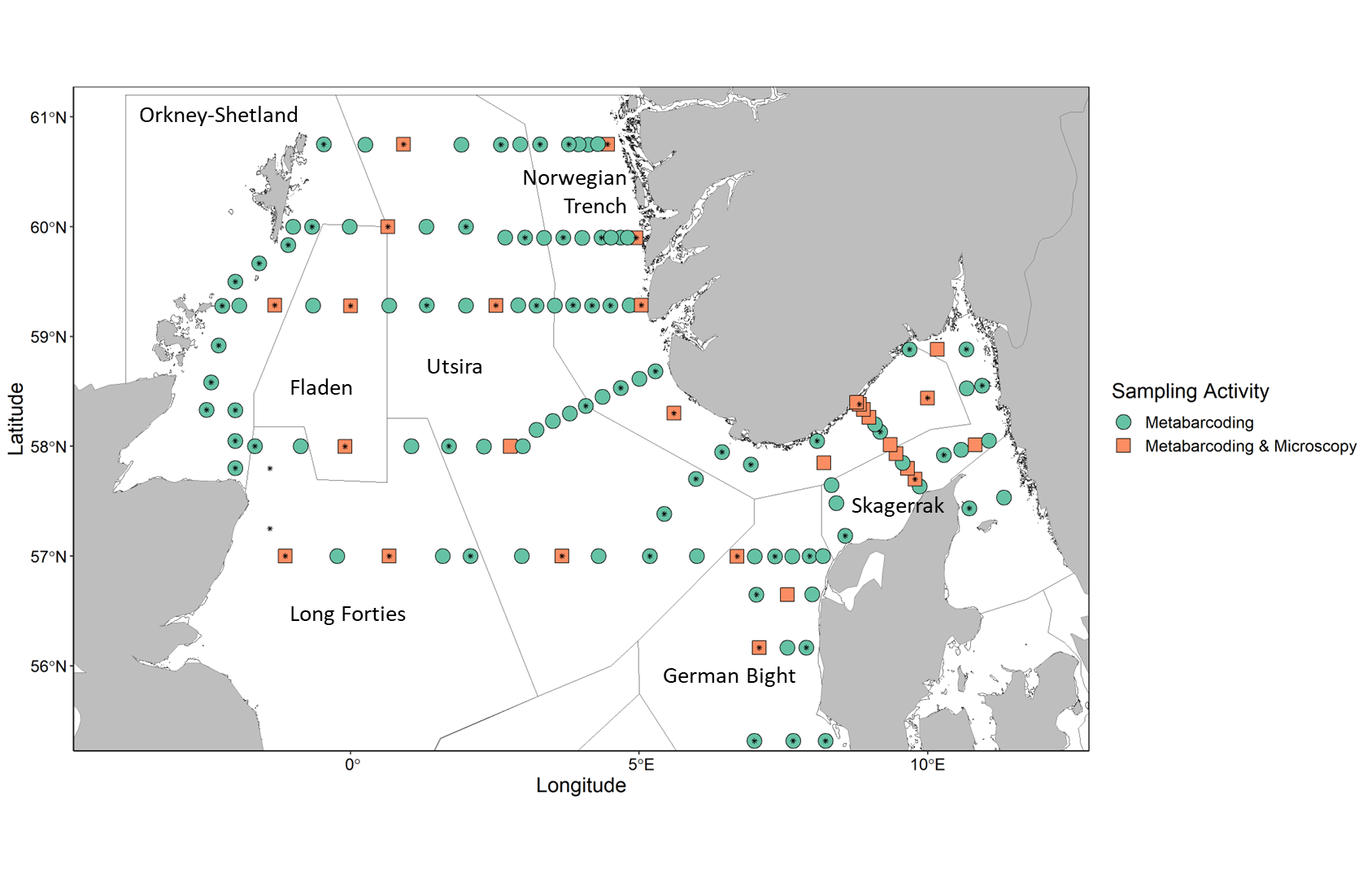 Figure 2. Map showing stations where phytoplankton samples were collected and analyzed. Shapes indicate sampling activities at a given station: circle- metabarcoding sample collection, square- microscopy sample analysis and metabarcoding sample collection, star: algae net sample collection. Outlined and labeled areas indicate WGINOSE sub-regions. 
