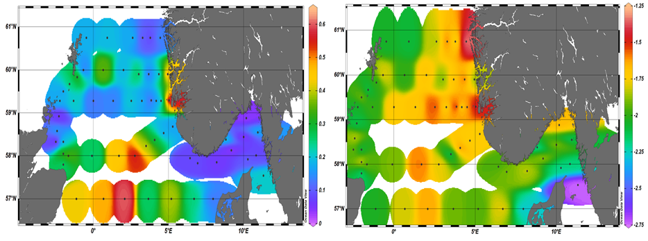Figure 15. left panel): Areal distribution of Total zooplankton biomass during the North Sea Ecosystem Cruise 2023002006. Right panel) areal distribution of the slopes derived from the relationship between the number of organisms in each size class and their body volume. Warmer colors indicate a less steep slope and thus a higher contribution of larger organisms to the zooplankton community, while colder colors indicate a larger proportion of smaller organisms.