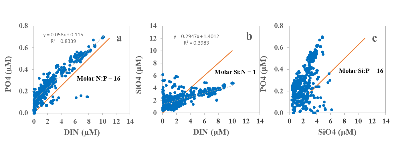 Figure 11. Dissolved inorganic nutrients measured in surface waters (0-10 m depth). Phosphate (a) and silicate (b) were plotted as a function of dissolved, combined nitrogen (DIN= NO2+NO3), and phosphate (c) was plotted as a function of silicate. Whole line shows the Redfield N:P relationship and other molar relationships (N:Si, Si:P), necessary for a balanced cellular synthesis and growth in phytoplankton. 