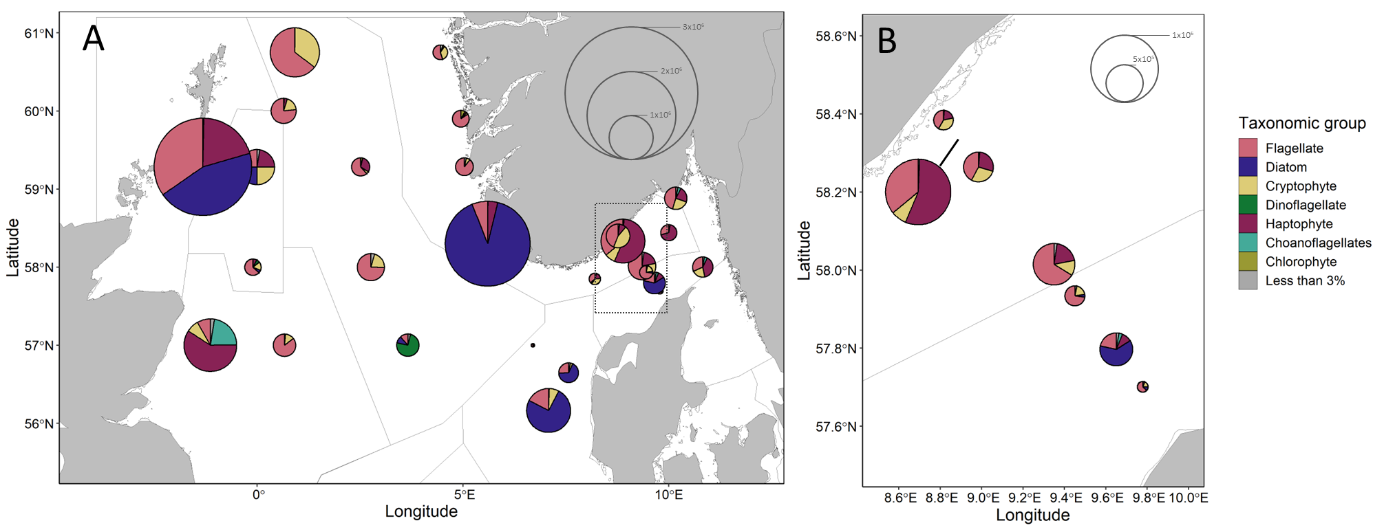 Figure 12. Microplankton community composition and abundance. A) All sampled stations, B) Inset from map A showing Torungen-Hirtshals. Divisions within pie charts show the contributions from broad taxonomic groups in cells per liter. Pie chart radii scale to average cell concentrations. Groups accounting for less than 3% of a community at a given station are summed.