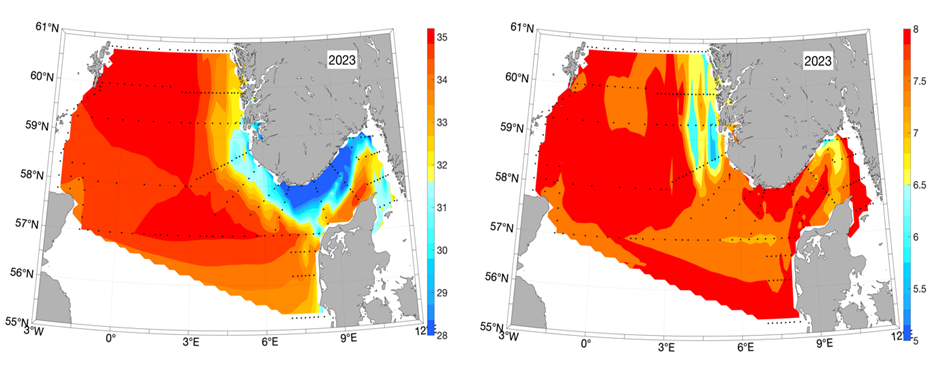 Figure 6. Salinity (left panel) and temperature (right panel, in oC) at 10m depth based on the hydrographic stations (marked with black dots) taken between 16/4 and 11/5 2023. 