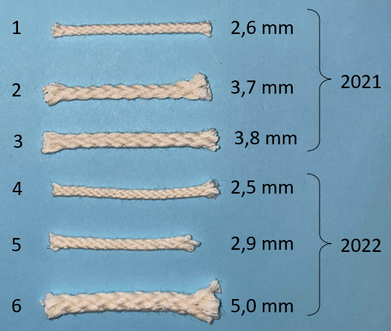 Bildet viser 6 ulike bomullstråder som ble testet i forsøkene