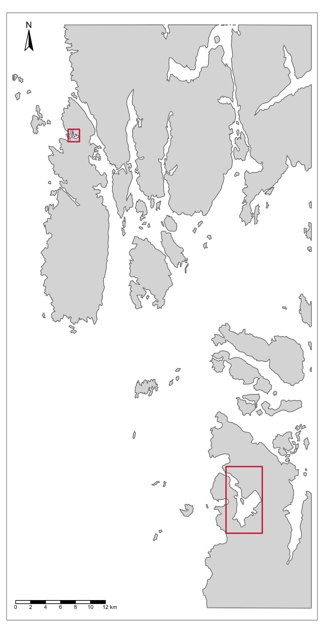 Kart over områder hvor østersbestandene ble beskrevet i 2021 og 2023