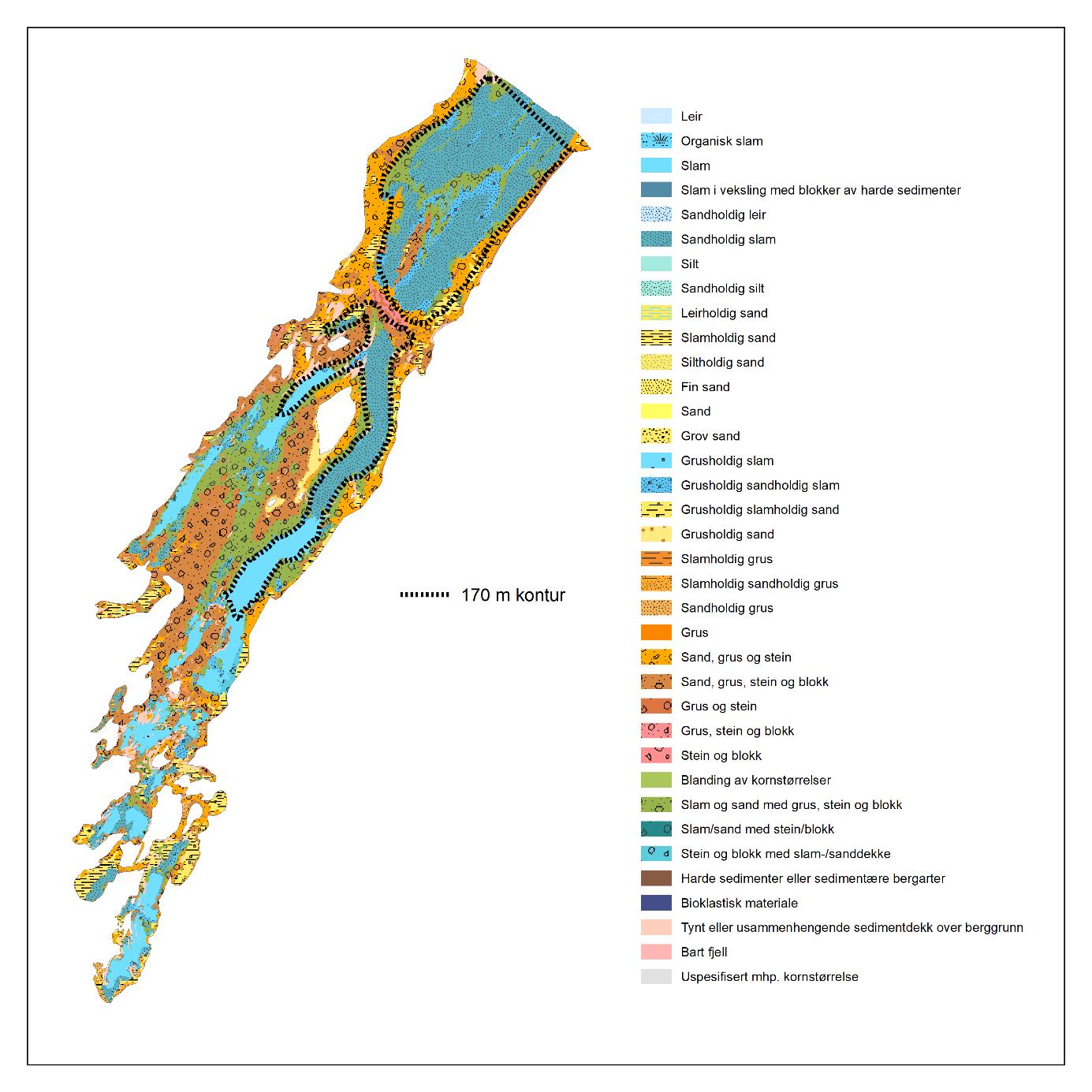 Figuren viser kart over Porsangerfjorden der 36 ulike farge- og mønsterkombinasjoner representerer de ulike bunntypene. En stiplet linje viser en 170 meters kontur. De dypere delene av fjorden består av blandinger av mer bløtere sedimenter som sand, silt, leire og slam. De grunnere områdene består mer av blandinger av hardere sedimenter som sand, grus, stein og blokk