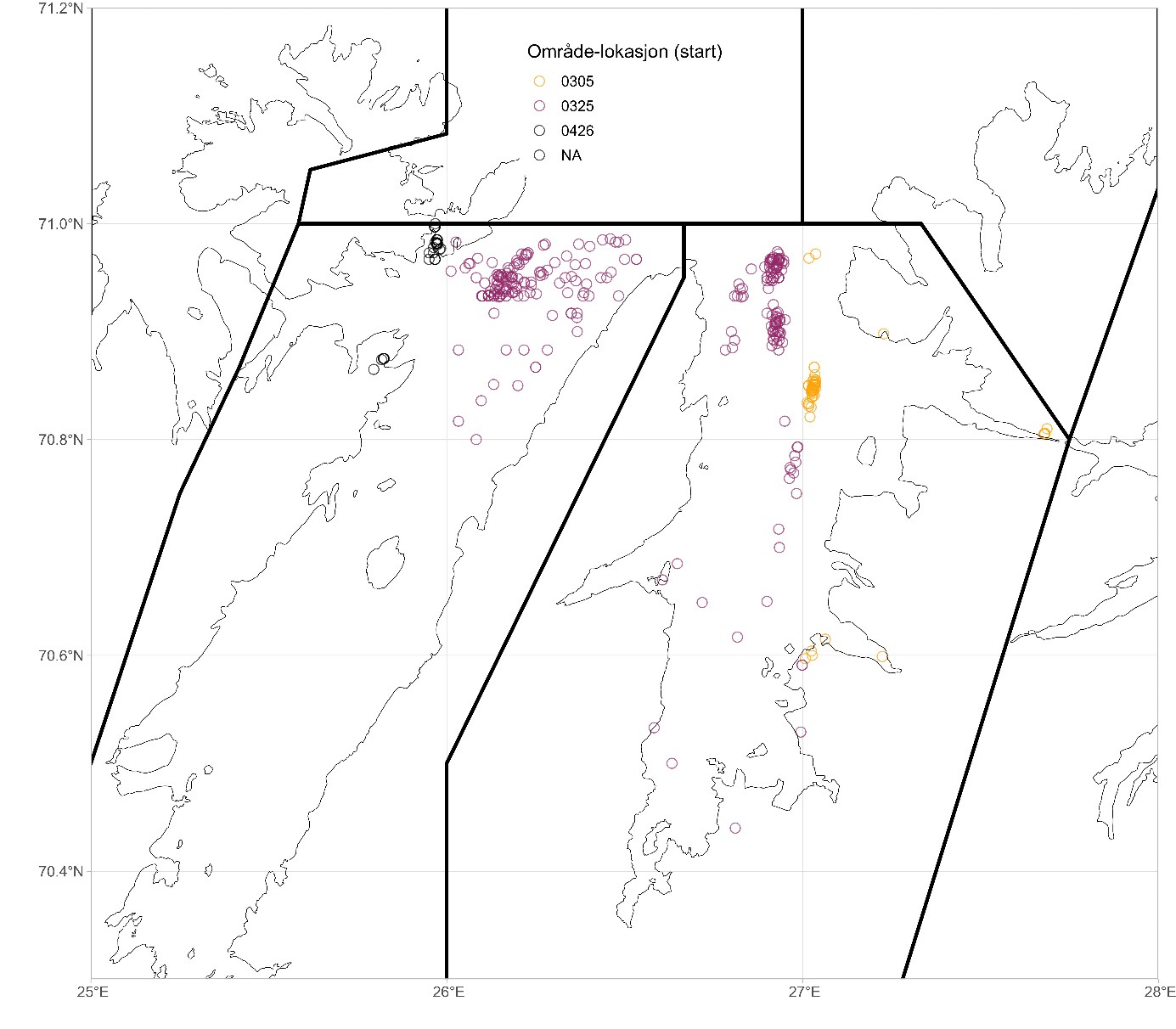 Kartet viser startposisjoner (koordinater) for alle hal med reketrål i Porsanger- og Tanafjorden i 2021-2023. Fargeskalaen viser imidlertid at omr-lok er feil oppgitt for mange hal . Ingen av halene i Porsangerfjorden har korrekt omr-lok, de fleste er registrert med omr-lok som er Laksefjorden. Dvs at om man søker på omr-lok 03-24 (Porsangerfjorden)i dagbøkene for 2021-2023, så får man null treff