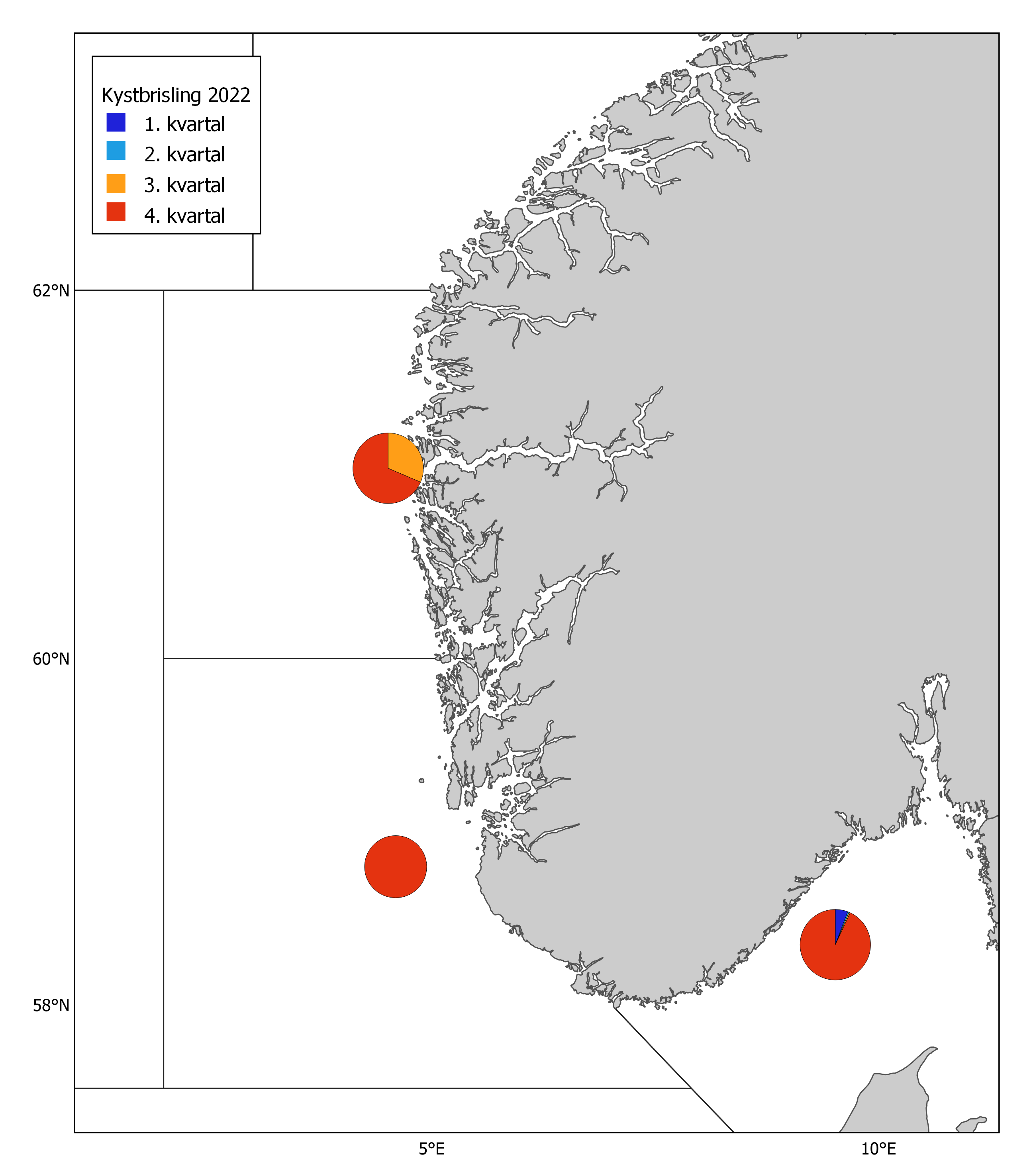 Figur 7. Kystbrisling 2022. Norske kommersielle fangster (runde kakediagram, størrelsen proporsjonal med fangstmengde) per statistisk hovedområde og kvartal, og prøver fra fangstprøvelotteriet (trekanter). Fangsten i 2022 var 950 tonn. Ingen prøver ble mottatt gjennom fangstprøvelotteriet.